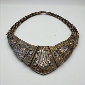 Vintage Bohemian Hammered Metal Choker Necklace with Crystal Accents